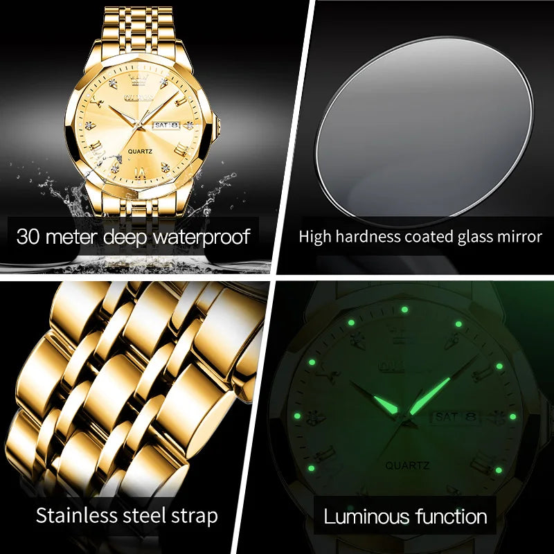 OLEVS Men's Gold Quartz Wristwatch – Waterproof Luminous, Rhombus Mirror with Date and Week, Luxury Dress Watch