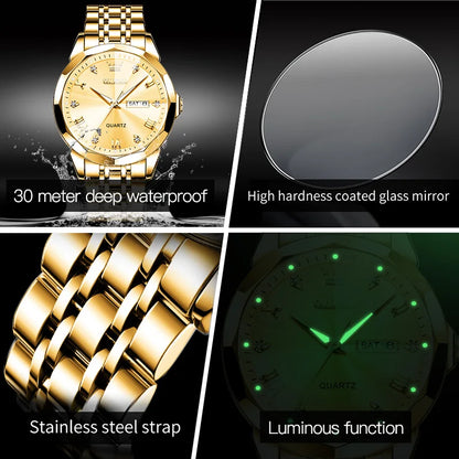 OLEVS Men's Gold Quartz Wristwatch – Waterproof Luminous, Rhombus Mirror with Date and Week, Luxury Dress Watch