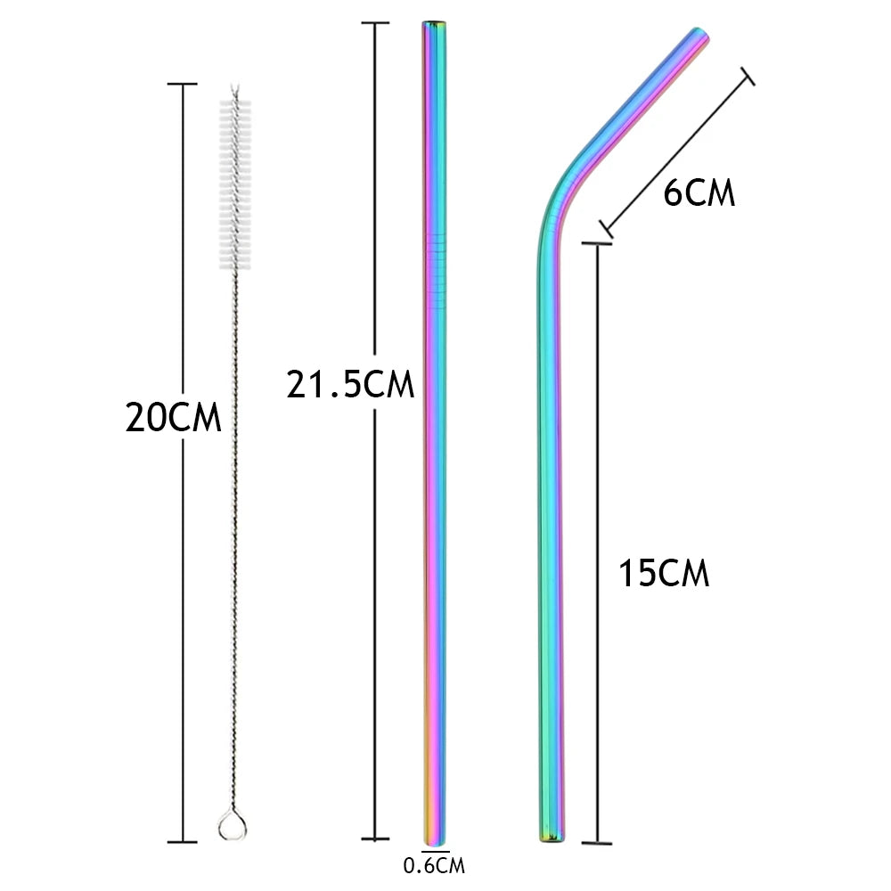 Colorful 304 Stainless Steel Reusable Straws Set — Metal Drinking Straws with Cleaning Brush for Cocktails & Glasses