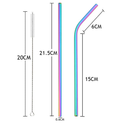 Colorful 304 Stainless Steel Reusable Straws Set — Metal Drinking Straws with Cleaning Brush for Cocktails & Glasses