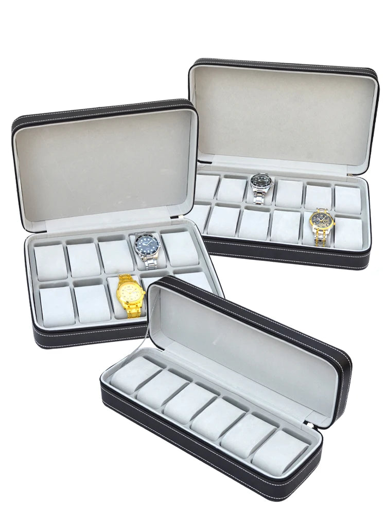 Portable Watch Storage Box Organizer - 6/10/12 Grid Zipper Display Case for Watches & Accessories