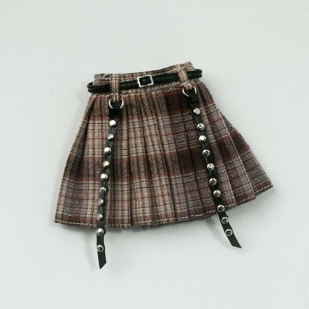Blythe Doll Clothes Plaid Pleated Skirt & Off-Shoulder Top Tulle Dress Set — Ruffle Skirt for Licca, Azone, OB22, YMY Doll Accessories