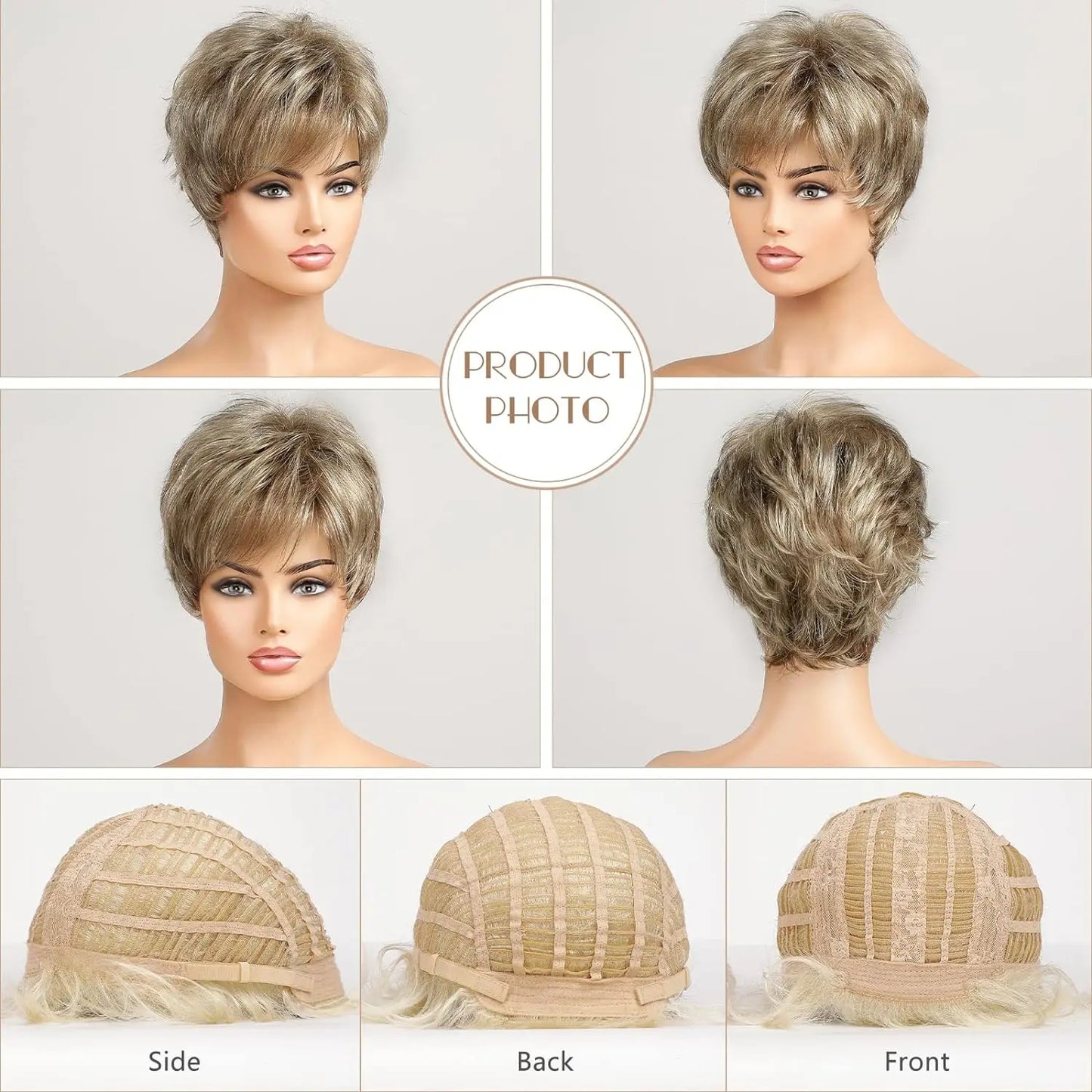 Light Blonde Mixed Off-White Pixie Cut Wig for Women – Bangs with Kanekalon Human-Hair-Like Texture, Natural Layered Hair