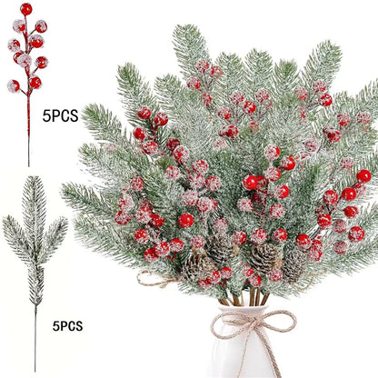 Snow White Artificial Pine Needle & Berry Bouquet – Christmas Decoration for Tree, Garland, Home Decor & DIY New Year Gift