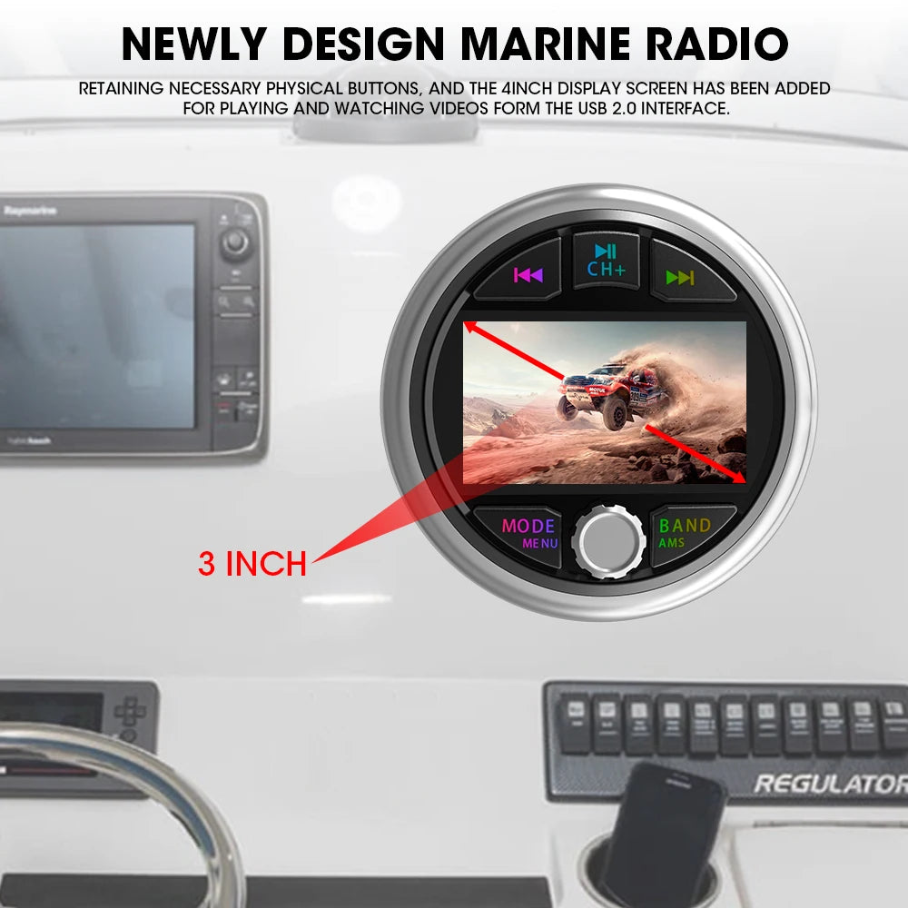 AKAMATE Boat Radio MP5 – Marine Stereo Media Player with AM/FM RDS, Bluetooth, AUX, MP3/MP4 Video Play for ATV, UTV, SPA, RZR
