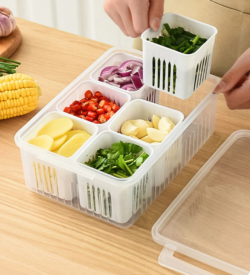 Refrigerator Storage Box – 4/6 Grid Clear Crisper for Fruits, Vegetables & Meat