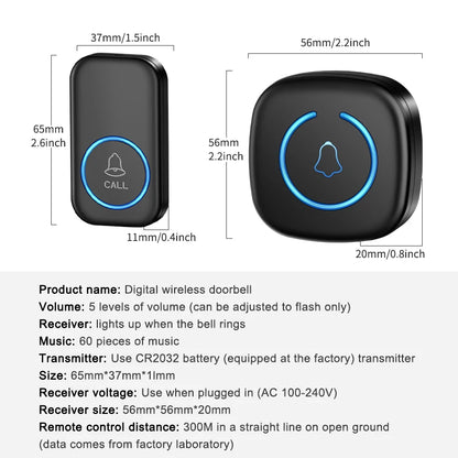 Wireless Smart Doorbell – 300M/984ft Range, 60 Melody Welcome Chimes, Remote Home Door Bell US/EU/UK Plug Options