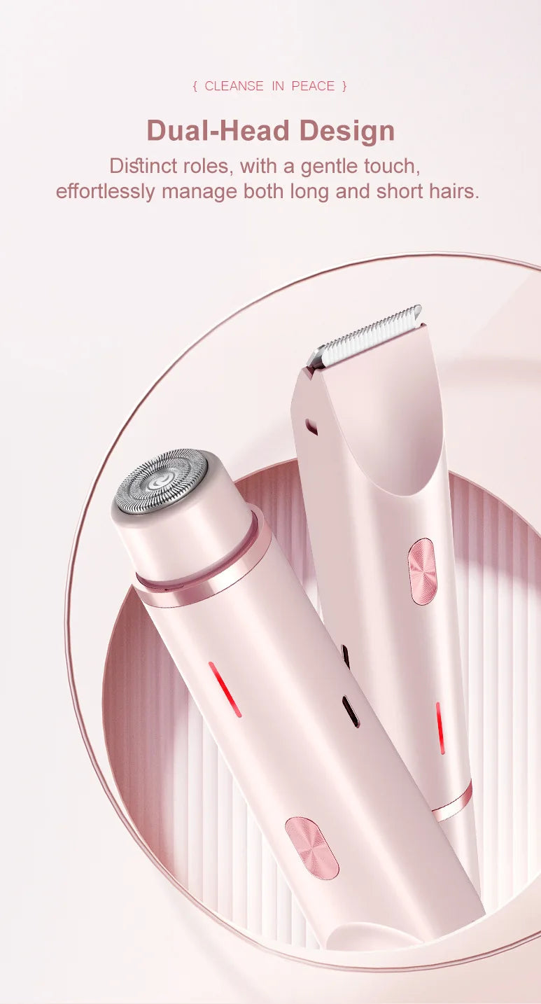 2-in-1 Dual-Head Electric Razor for Women – Painless Bikini Trimmer Wet & Dry Use with Detachable Heads