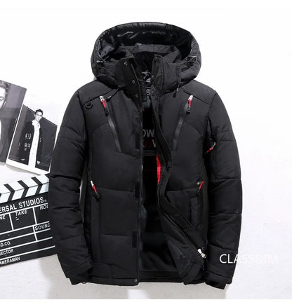 Men's Winter Hooded Puffer Jacket – White Duck Down Coat, Windproof & Warm Outdoor Parka, Size 5