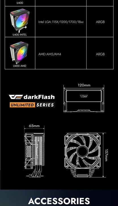 Darkflash U400 ARGB CPU Cooler — 4 Heat Pipe 120mm PWM Air Cooler for Intel LGA 115X/1200/1700 & AMD AM4/AM5