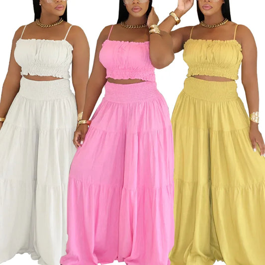 Women’s 2-Piece Summer & Autumn Outfit – Sleeveless Strapless Vest & Wide Leg Pants Casual Set