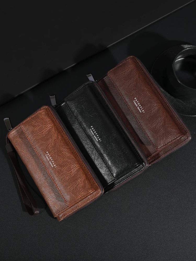 Men's PU Leather Zipper Wallet – Large Capacity Clutch Bag with Phone Holder, Card Slots & Coin Pocket
