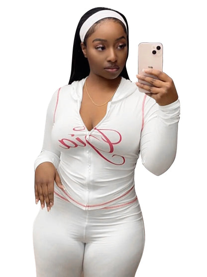 Women’s Letter Print 2-Piece Tracksuit Set - Hooded Zip-Up Coat & Jogger Pants for Autumn and Winter