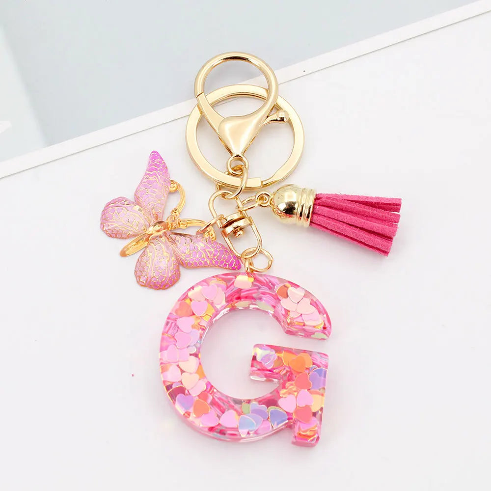 A-Z Letter Acrylic Keychain - Pink Butterfly Tassel Bag Charm & Key Ring