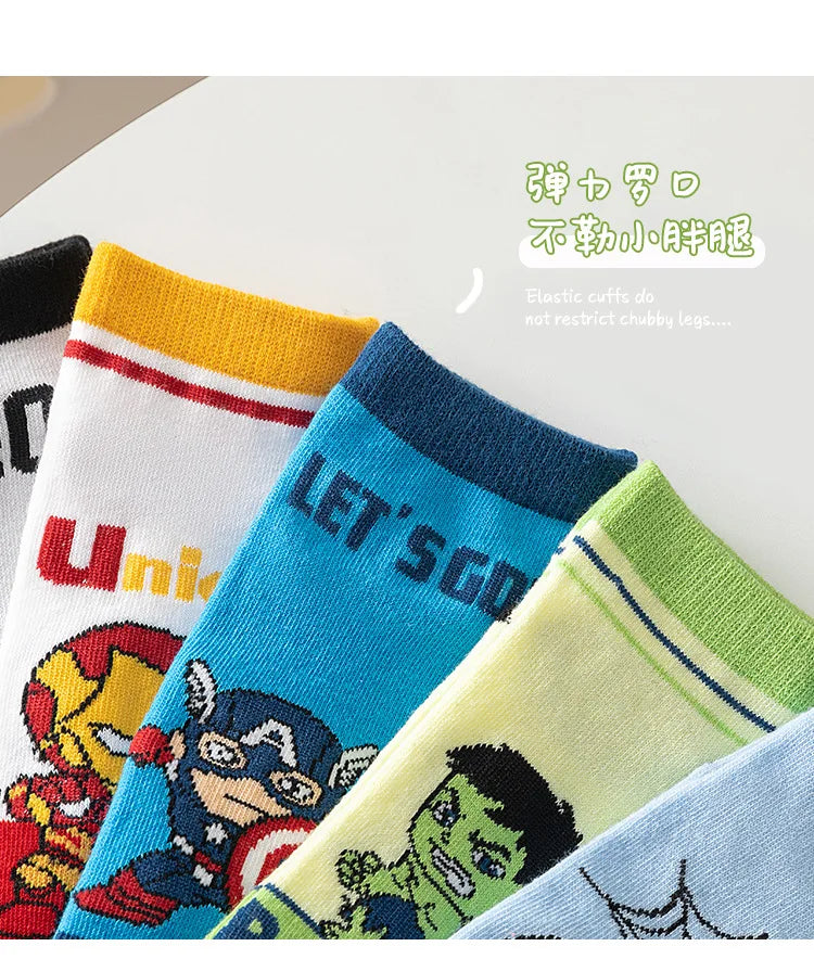 5 Pairs Spiderman Cotton Socks for Kids – Iron Man, Hulk, Thor Anime Boys Short Socks, Cartoon Baby Spring & Summer Footwear