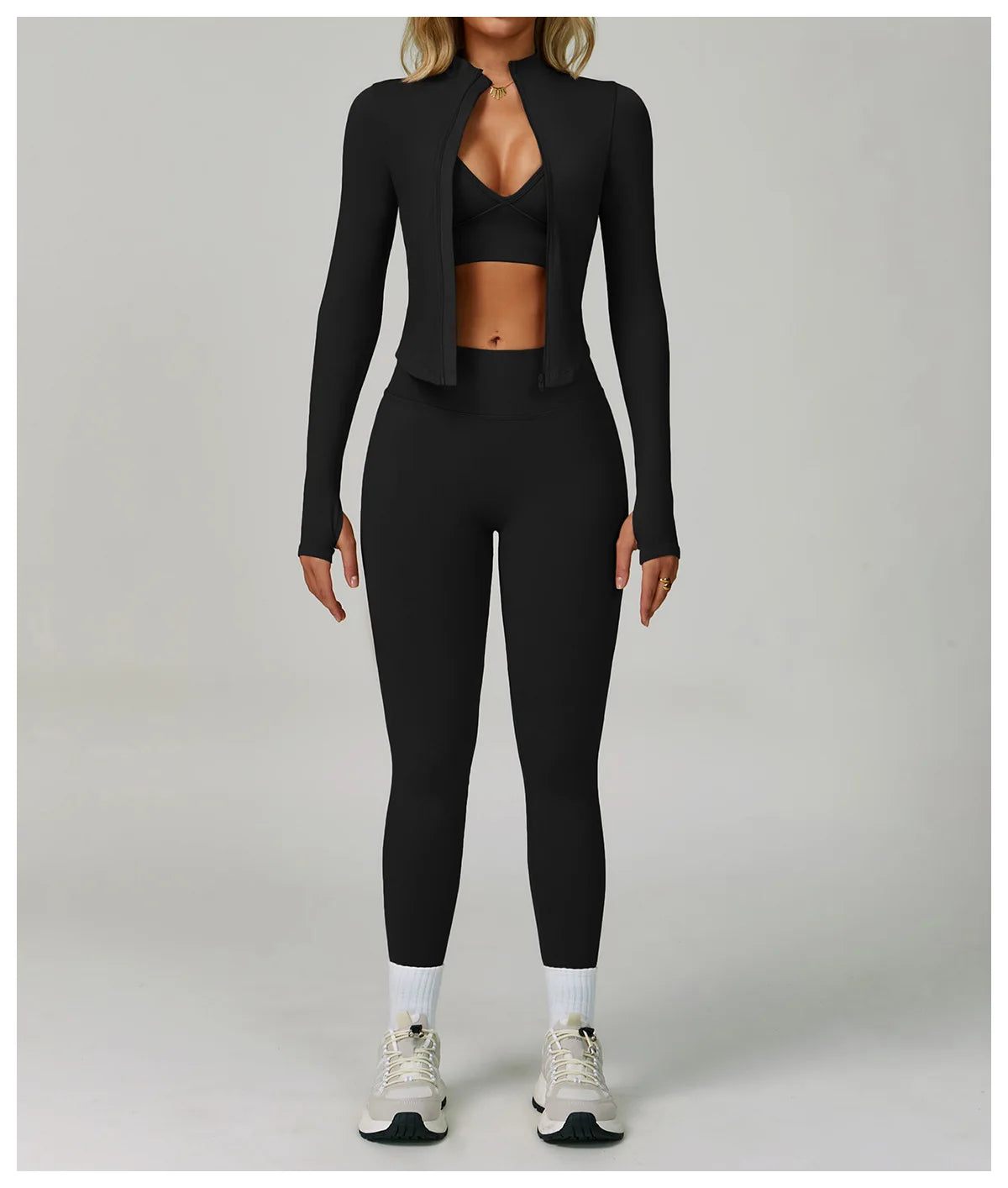 2/3PCS Women’s Seamless Yoga & Gym Set – Push-Up Sports Bra, Long Sleeve Jacket & Workout Leggings