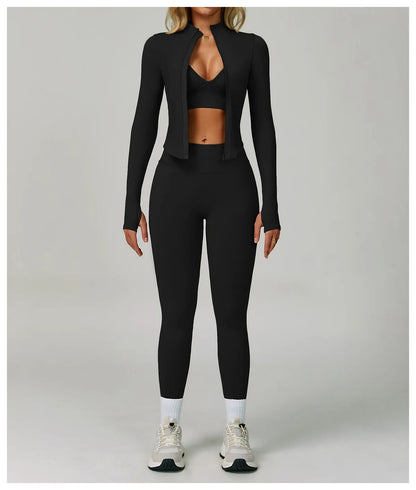 2/3PCS Women’s Seamless Yoga & Gym Set – Push-Up Sports Bra, Long Sleeve Jacket & Workout Leggings