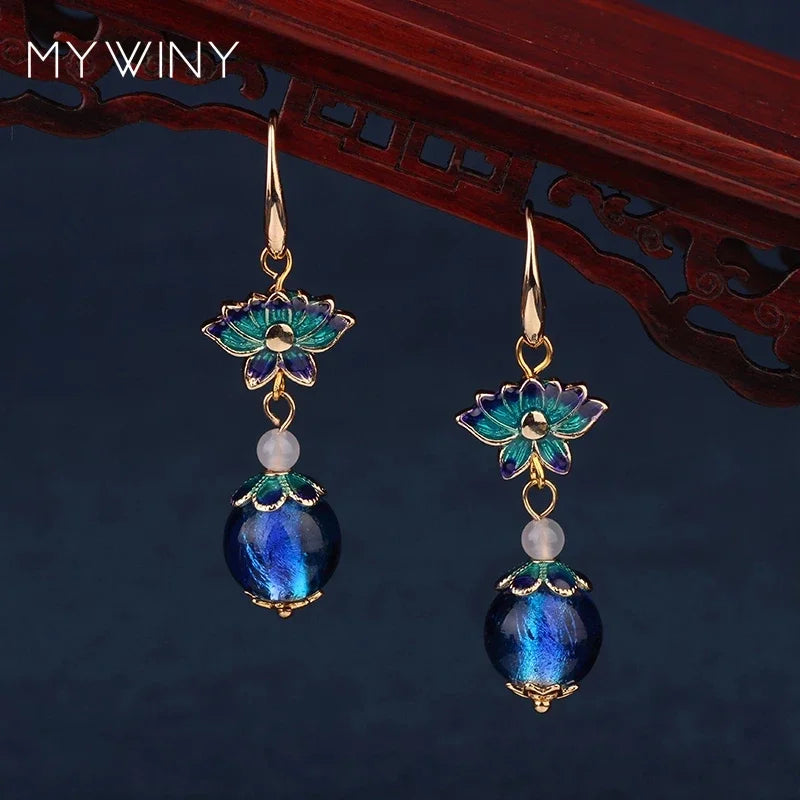 Vintage Flower Drop Earrings - Natural Stone Ethnic Jewelry for Women