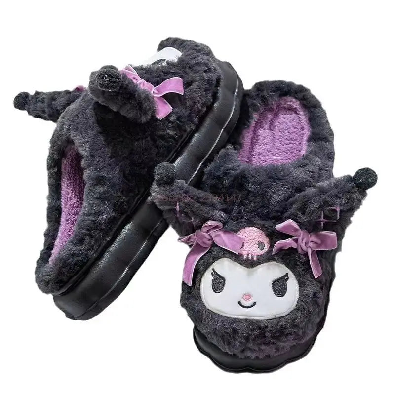 Kuromi Cotton Slippers for Women — Cute Cartoon Anti-Slip Home Shoes, Thickened Autumn & Winter Footwear