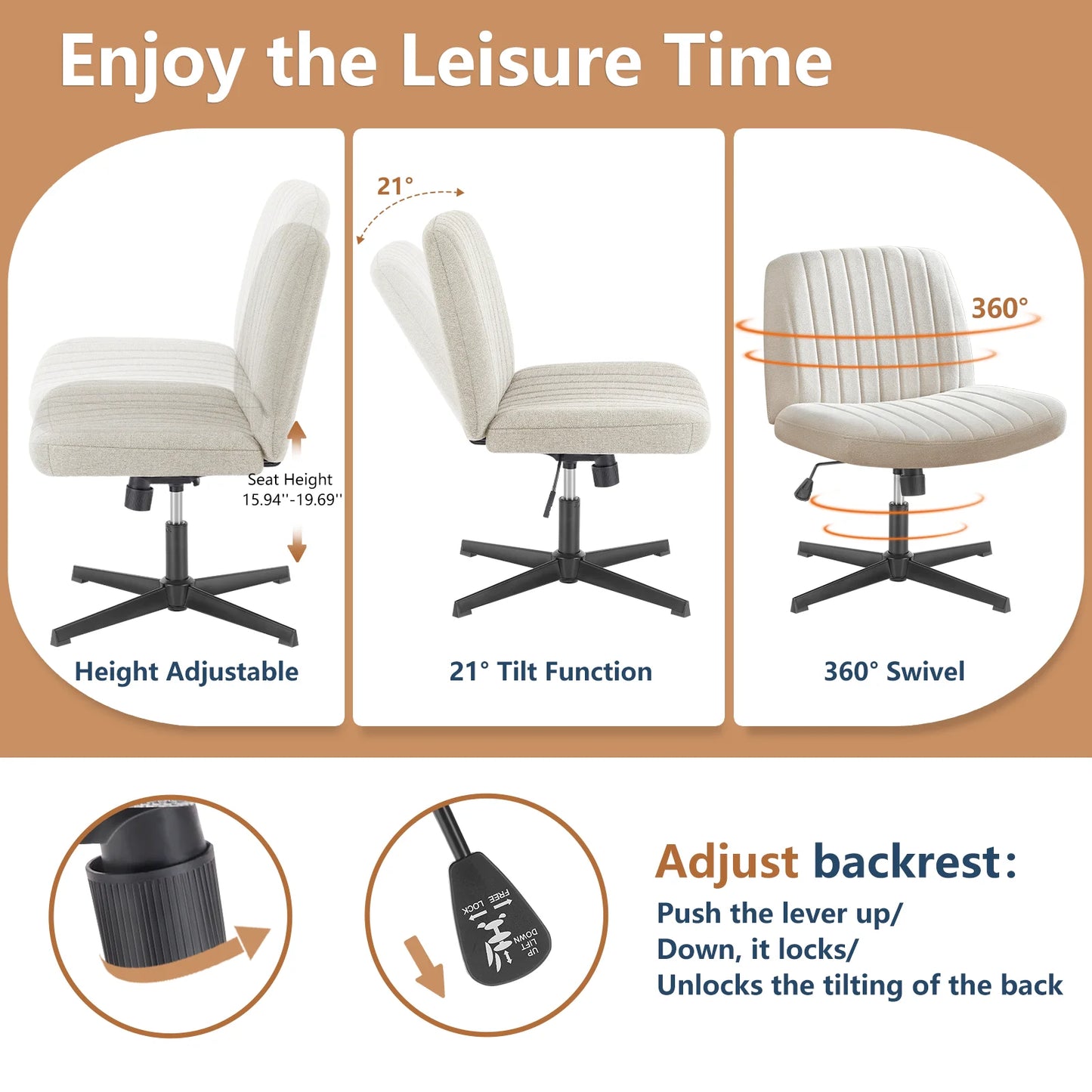 Adjustable Cross Legged Rocking Gaming Chair - Armless Wide Desk Swivel Task Chair for Home Office and Living Room