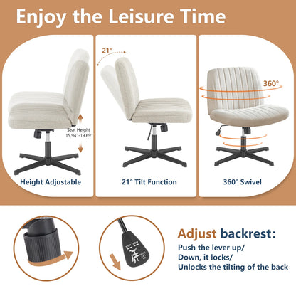 Adjustable Cross Legged Rocking Gaming Chair - Armless Wide Desk Swivel Task Chair for Home Office and Living Room