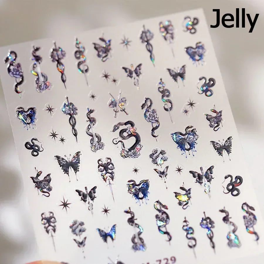 5D Gold Stamped Nail Art Stickers - Silver Sun Stars Snake Chinese Style Self-Adhesive Manicure Decals