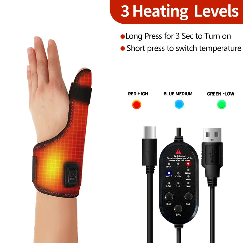 Electric Heated Thumb & Wrist Support - Vibration Massager with 3-Level Timer