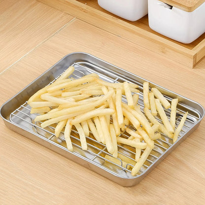 Stainless Steel Baking Pan with Wire Rack - Oven Tray for Cake, BBQ, Brownies, Cooking, Roasting and Grilling