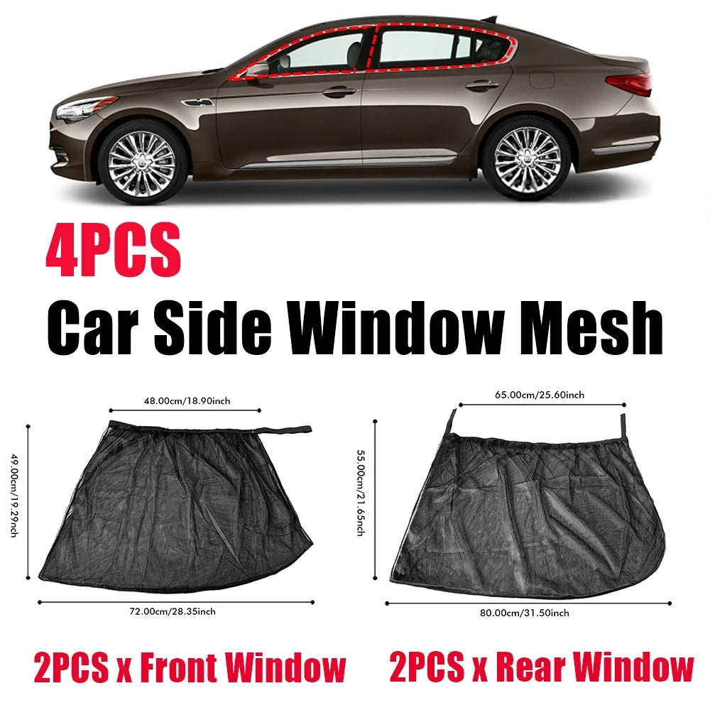 4PCS Car Window Sun Shade Mesh Set – UV Protection Curtain Covers for SUV Front, Rear & Side Windows, Anti-Mosquito Sunshade Net Auto Accessories