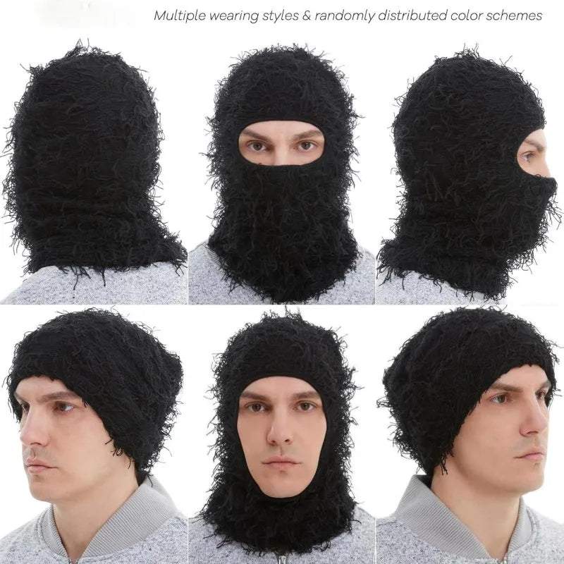 Distressed Knitted Balaclava Mask - Windproof Full Face Ski Hood for Cold Weather Outdoor Wear