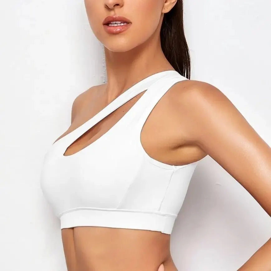 Women's One Shoulder Push-Up Sports Bra - Shockproof Fitness Bra for Yoga, Running, and Gym Workouts ( Black / White )