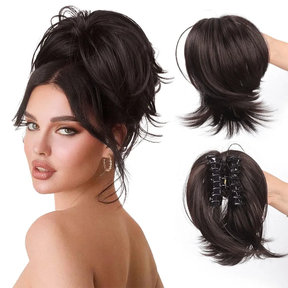 Messy Bun Hair Piece – Claw Clip-in Short Straight Ponytail Extension, Tousled Updo Bun for Women & Girls