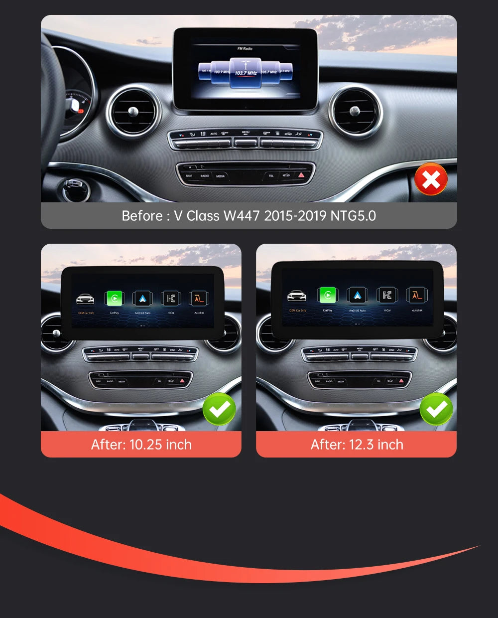 1920x720 Multimedia Touch Screen - Wireless CarPlay & Android Auto for Mercedes-Benz C Class W205, GLC, V Class W447 (2015-2018) NTG5.0