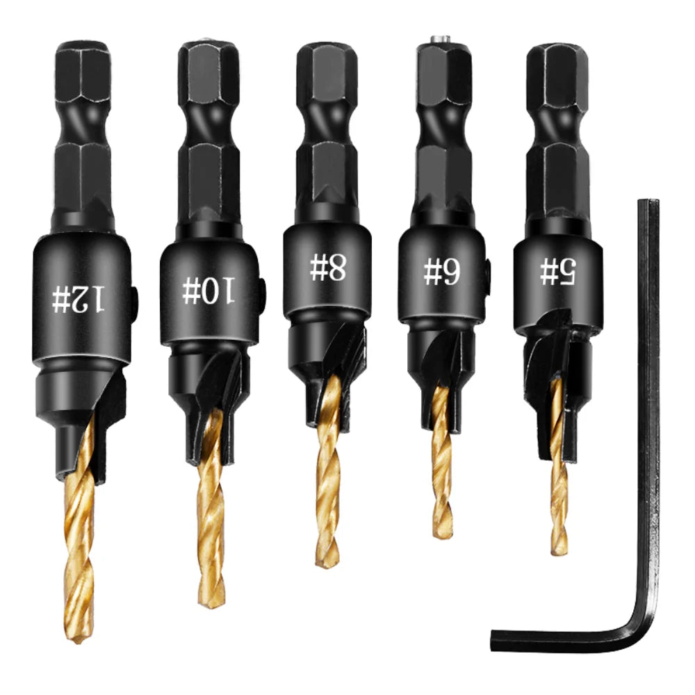 5pcs Countersink Drill Bit Set – Woodworking Pilot Hole Drills for Screw Sizes #5, #6, #8, #10, #12