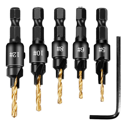 5pcs Countersink Drill Bit Set – Woodworking Pilot Hole Drills for Screw Sizes #5, #6, #8, #10, #12