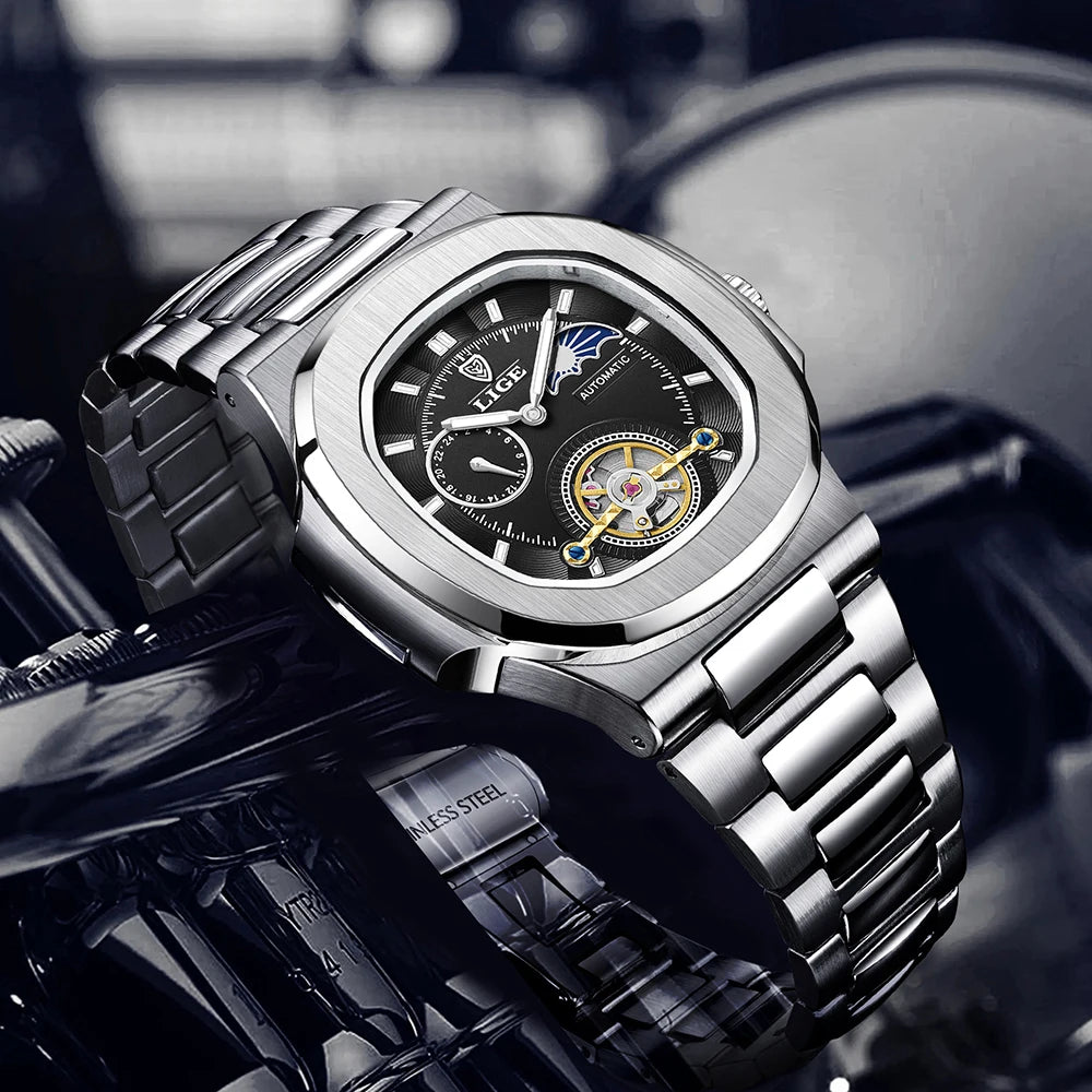 LIGE Dual Seconds Tourbillon Watch – Men's Stainless Steel Mechanical Timepiece, 24H, Night Glow, Waterproof