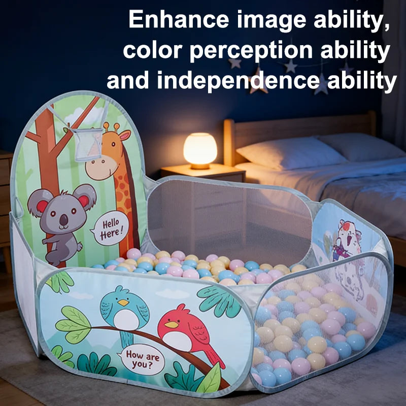 120cm Kids Cartoon Ball Pit Playpen with Basketball Hoop - Portable Foldable Baby Playground Tent for Indoor and Outdoor Play