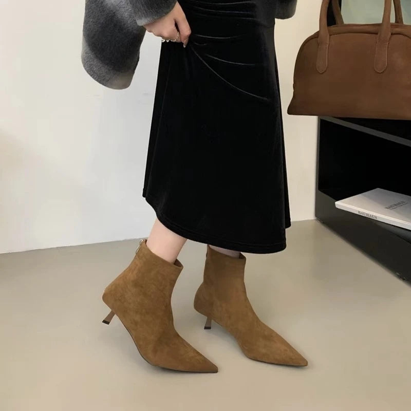 SUOJIALUN 2024 Winter New Women’s Short Boots – Fashion Pointed Toe, Elegant Ankle Boots with Thin High Heel Dress Pumps