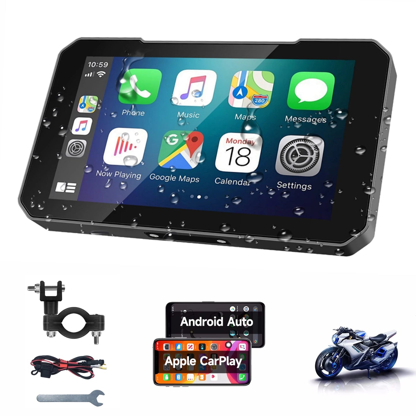 5 Inch Motorcycle CarPlay GPS Navigator - Portable Wireless Android Auto Touchscreen Display