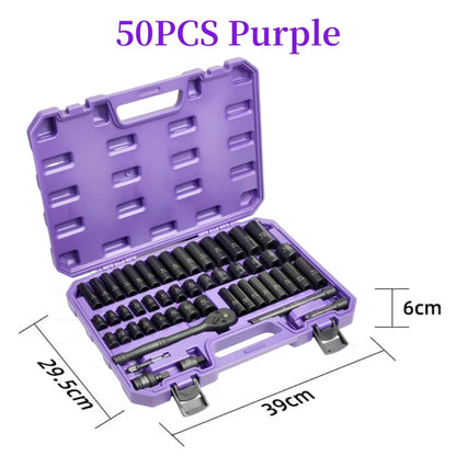50PCS 3/8 Inch Pneumatic Socket Set - Metric Long & Short Sleeves for Auto Repair, Machinery & Hardware Tools