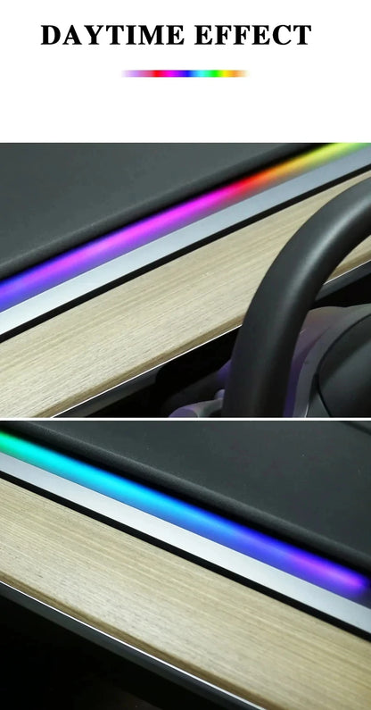 2-in-1 Dynamic Neon RGB Car LED Ambient Lighting – Auto OFF 60s Module for Tesla Model 3 & Y Dashboard Decoration