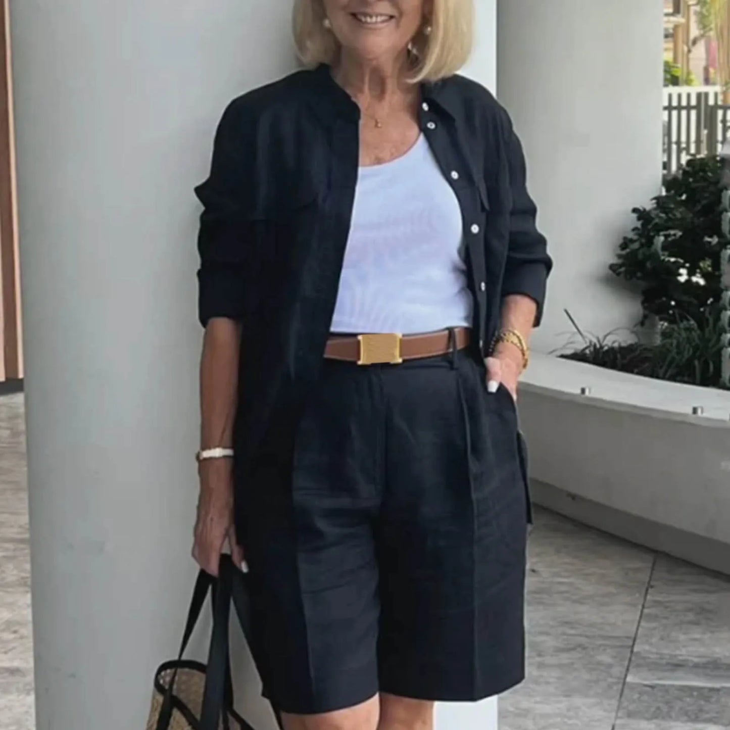 Women’s 2 Piece Summer Outfit Set - Solid Color Cardigan Shirt Top & Casual Shorts Matching Ensemble