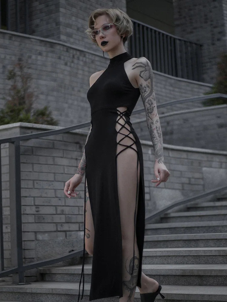 Gothic Dark Cosplay Dress – High Split Y2K Bandage Halter Slim Midi Black Grunge Partywear