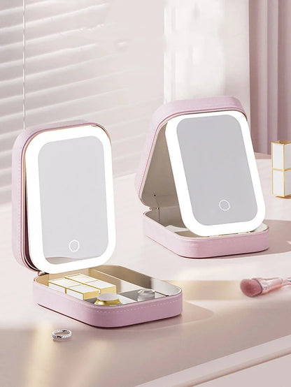 LED Makeup Bag with Mirror – Portable Cosmetic Storage for Women, Small Lipstick & Brush Organizer with Wireless Light