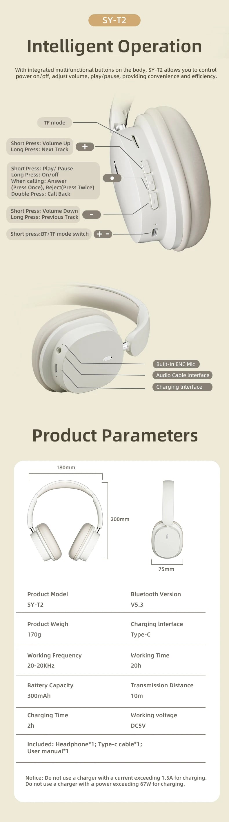 SY-T2 Bluetooth Headset – High-Quality Noise Reduction Wireless Headphones with Microphone for Gamers