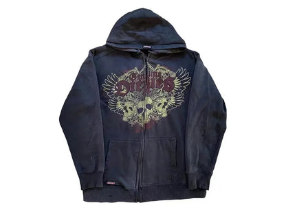 2000s Red Couple Zipper Hoodie – Vintage Y2K Skull Snake Cotton Full-Zip Sweatshirt