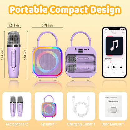 Haomuren Mini Karaoke Machine for Kids – Portable Bluetooth Speaker with 2 Mics, All-in-One Home Party Toy & Gift for Girls