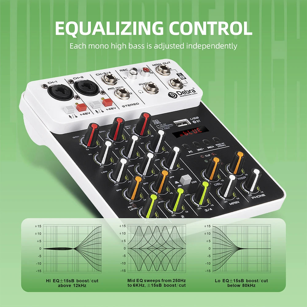 Debra V8 8-Channel Audio Mixer – Bluetooth & USB Mixer with 48V Phantom Power, Delay/Repeat Effects for PC Recording & Sound Console