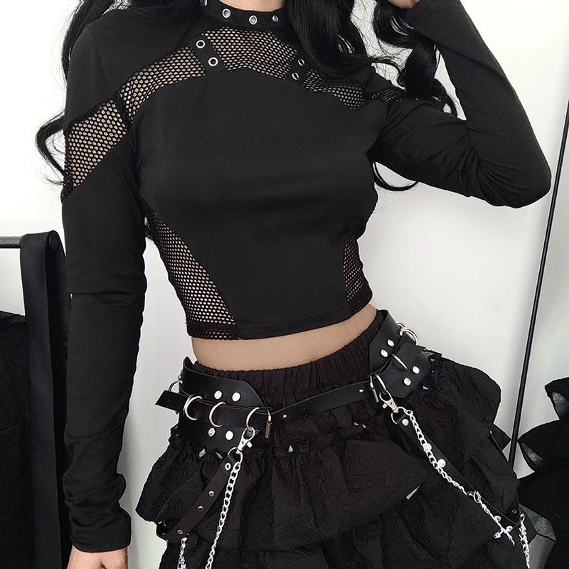 CIBBAR Gothic Black Crop Top - Chic See-Through Mesh Patchwork, Full Sleeve Skinny Basic T-Shirt for Women, Punk Style Stitched