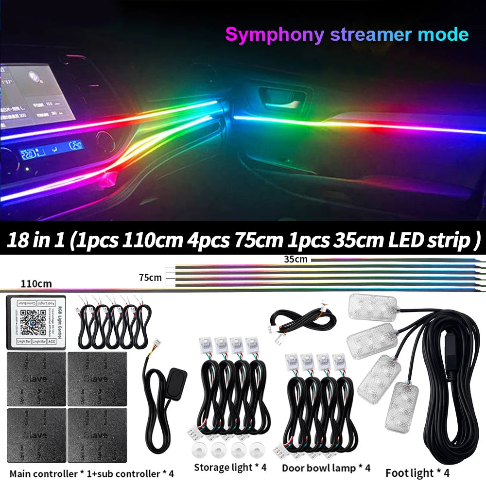 6/10/14/18 in 1 RGB LED Car Ambient Light - APP Controlled Acrylic Interior Atmosphere Strip with 64/213 Color Symphony Lighting